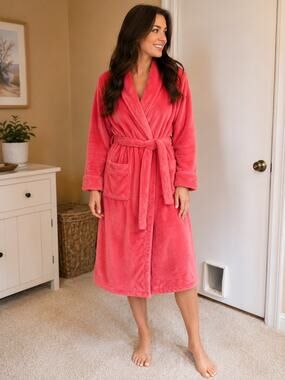 LRR Pine Cone Hill Plush Pink Fleece Bathrobe Belted Shawl Collar Robe One Size